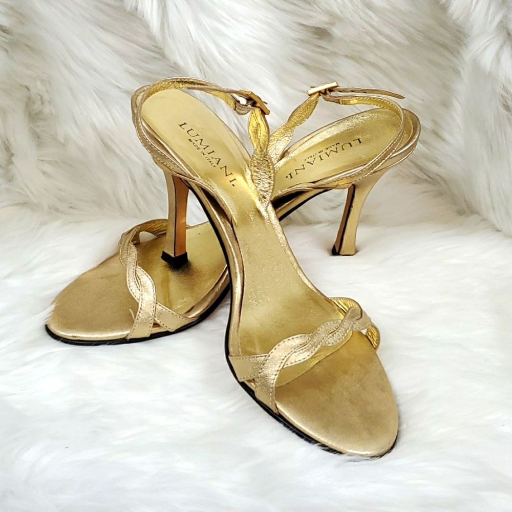 Lumiani gold heel shoes sandals women size 7.5 M